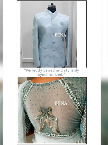 Perfectly paired and stylishly synchronized. This shows how I coordinate bride and groom outfits, like this powder blue Indian prince coat for him and a matching embroidered designer blouse for her.