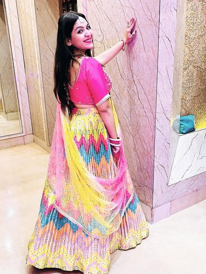 The full look of my rented festive lehenga. Renting is a smart and affordable way to wear different designer-style outfits for every wedding and festival.