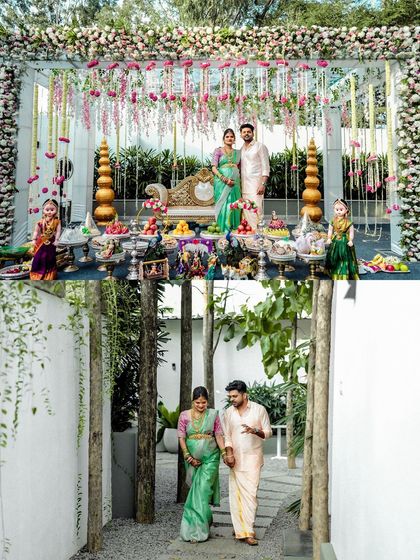A collage from a baby shower, showing the couple posing in front of an elaborate, traditional setup and walking hand-in-hand through the venue.