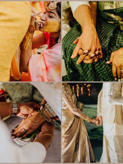 A collage of hands, telling a story of connection: the bride's henna, holding hands with family, and the couple's hands intertwined.