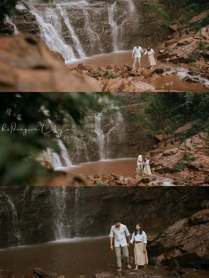 A sequence of shots showing the couple walking and interacting by the waterfall, capturing the movement and flow of the moment.