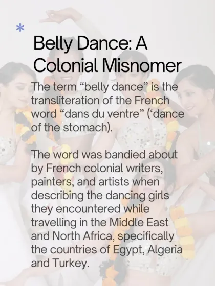A slide explaining that "belly dance" is a transliteration of the French term "danse du ventre," used by colonial writers and artists.