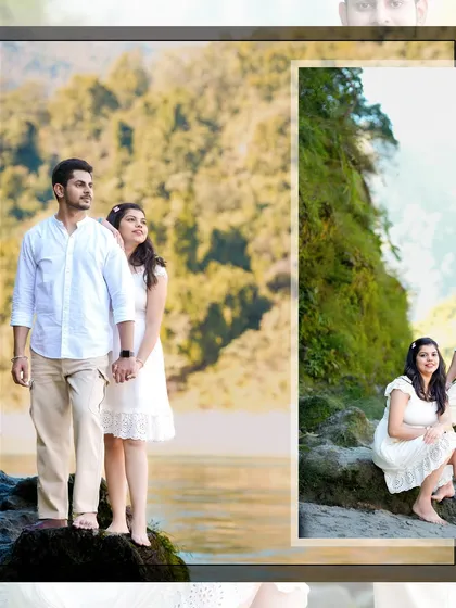 A peaceful moment by the river in Rishikesh. The couple's simple white outfits and bare feet connect them to the natural, serene environment.