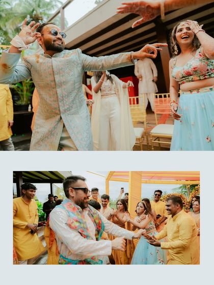 A collage of the groom and guests hitting the dance floor, capturing the uninhibited fun of the Haldi party.