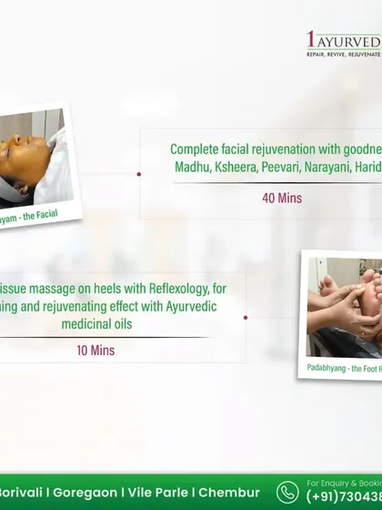 Our facial rejuvenation therapies are customized for deep healing. This graphic highlights our Varnyam facial, which uses herbs like Madhu and Ksheera, and our Padabhyanga foot reflexology, which uses deep tissue massage to create a calming effect throughout the body.