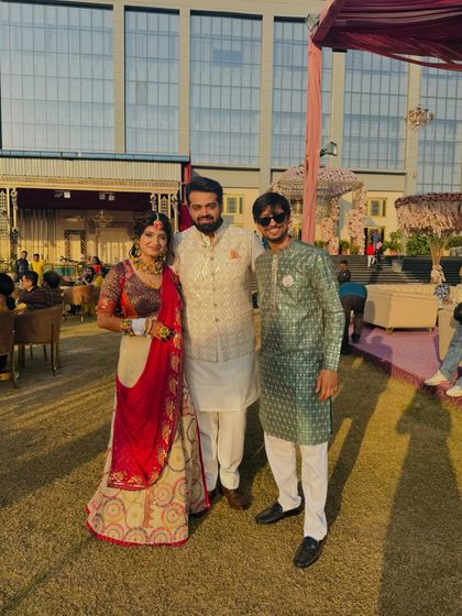 Our team on-site at a beautiful Haldi ceremony. We were there to coordinate the dance performances and make sure the event ran smoothly. Here we are with the happy couple.