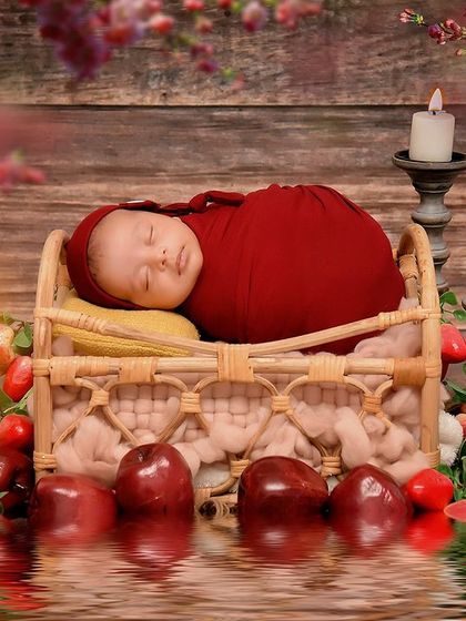 The full Snow White inspired setup, with the baby sleeping in a basket surrounded by red apples and candles, with a water reflection effect.