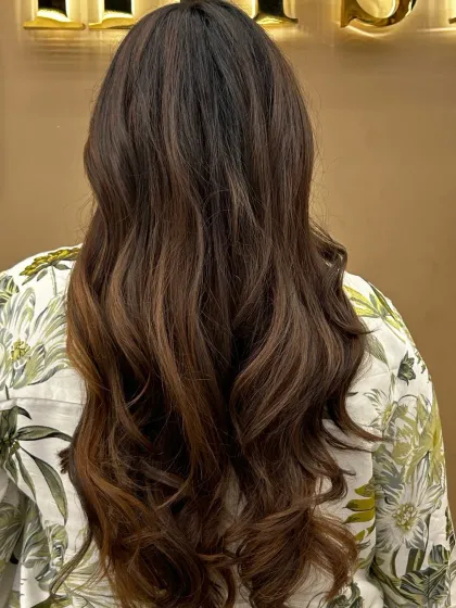 A beautiful example of Global Highlights on long, dark hair. The lighter pieces are scattered throughout to create a natural, sun-kissed look.
