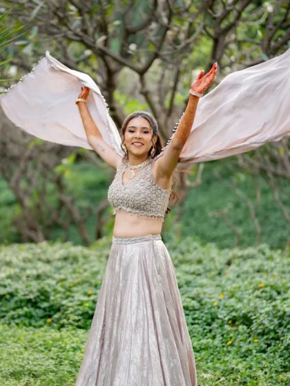 A joyful, candid moment. The makeup is built to last through every smile and dance, keeping her looking fresh and radiant all night long.