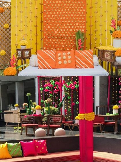 This moodboard showcases a fun and eclectic Haldi decor, using a mix of traditional patterns, bright colors, and quirky props.