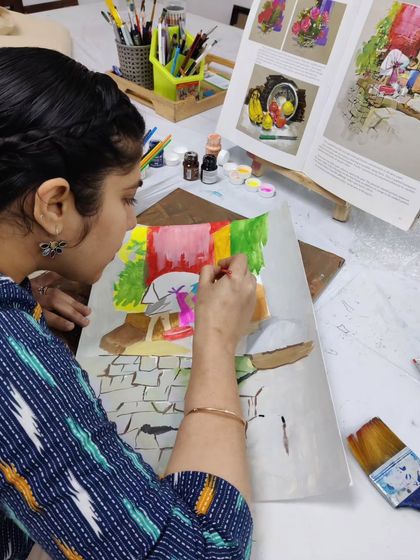 Follow a student as she creates a figurative painting using poster colors, capturing a scene from daily life with a unique style.