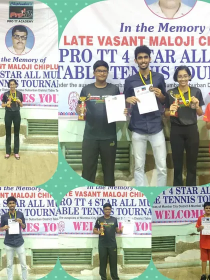A collage celebrating the multiple podium finishes of our players Bhavesh, Vidhi, and Arnav at the PRO TT 4 Star All Mumbai Tournament.