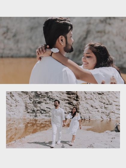 A collage showing a couple's romantic walk and embrace during their pre-wedding shoot at a quarry.
