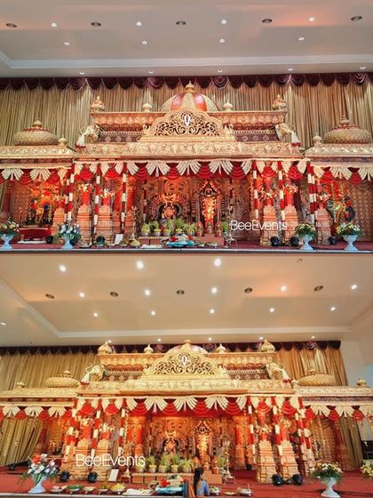 A two-panel collage showing the grand wedding mantap from different angles. This highlights the consistency and grandeur of the design from every viewpoint.