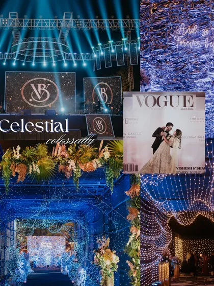 A "Celestial Colossally" Sangeet theme featuring a massive LED screen, a tunnel of fairy lights, and a custom couple monogram.
