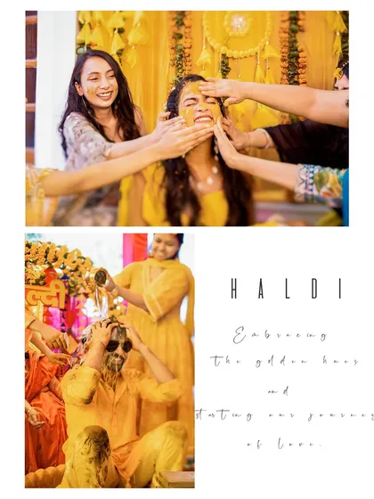 An album-style layout from a haldi ceremony, beautifully designed to tell the story of this golden, love-filled tradition.