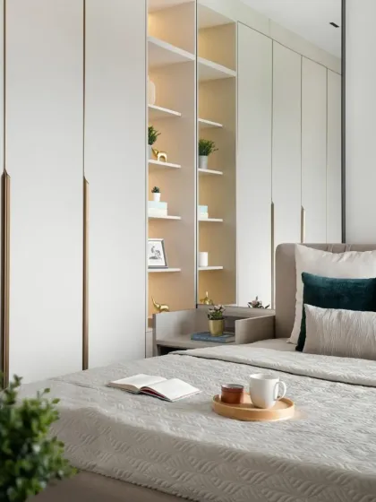 My work is about creating furniture that fits your life. This bedroom shows a fully integrated wall unit, combining a seamless wardrobe with a built-in bedside shelf and display niche, keeping the room feeling open and serene.