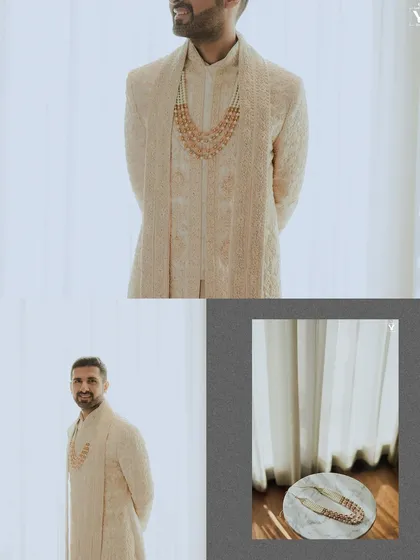 A collage of the groom's getting-ready moments, showcasing his elegant ivory sherwani and the details of his accessories. The clean, bright lighting gives these portraits a fresh and modern feel.