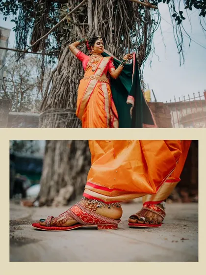 A collage showing a full-length bridal portrait and a close-up of her intricately designed footwear.