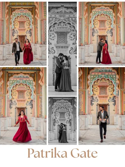 A collage showcasing the stunning, colorful archways of Patrika Gate. We captured Amit and Sakshi in various poses, making full use of this visually rich location.