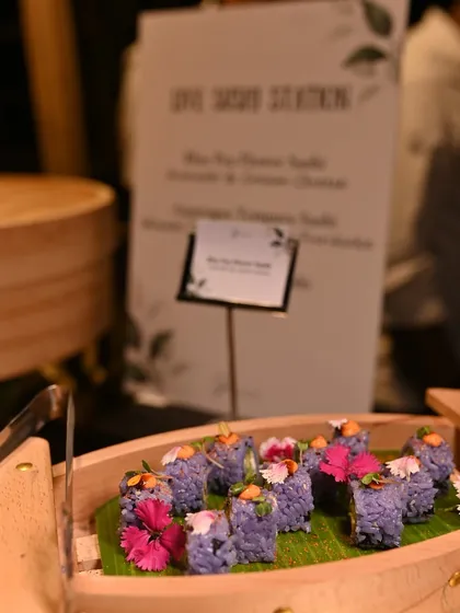 Our unique Blue Pea Flower Sushi, made with avocado and cream cheese, adds a stunning pop of colour to the live sushi station.