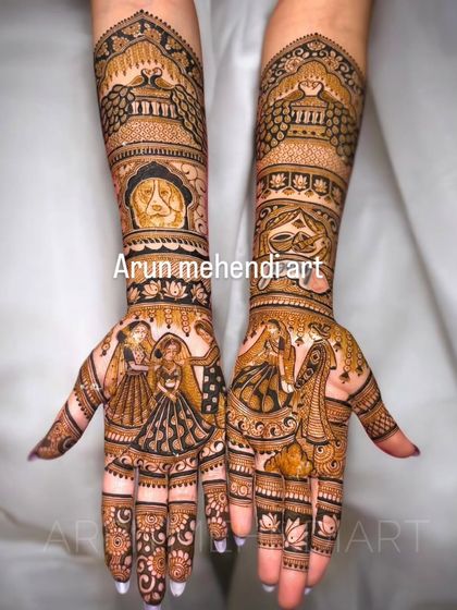 This design is packed with personal stories, including a portrait of the family dog. Your pets are family too, and I can include them in your bridal mehendi.