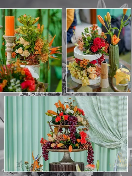 A collage showcasing the use of fruits like grapes and oranges within the floral arrangements, adding a fresh and organic touch.