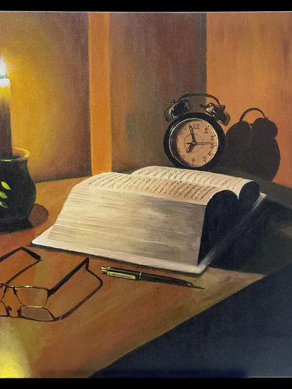 I love playing with light and shadow, and 'The Writer’s Table' is a perfect example. This still life painting captures a quiet, studious moment illuminated by a single candle, creating a warm, nostalgic mood. It’s a celebration of the simple, peaceful moments in life.