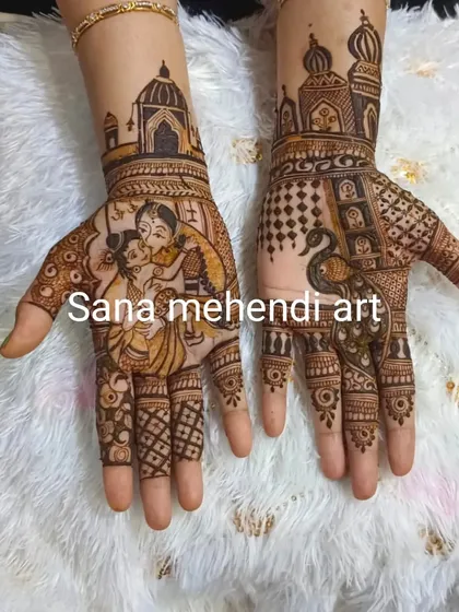 A lovely couple portrait is the centerpiece of this bridal palm design, complemented by architectural and peacock motifs.