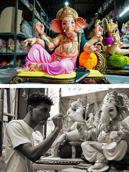 A collage showing the contrast between a finished, painted Ganpati idol and an artist meticulously working on an unpainted one. This highlights the incredible transformation and skill involved in the art of idol making.