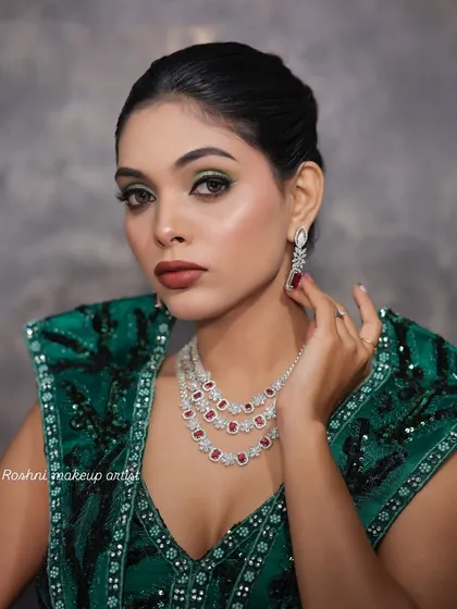 This portrait shows how the makeup looks straight-on, with a focus on symmetry and balance.