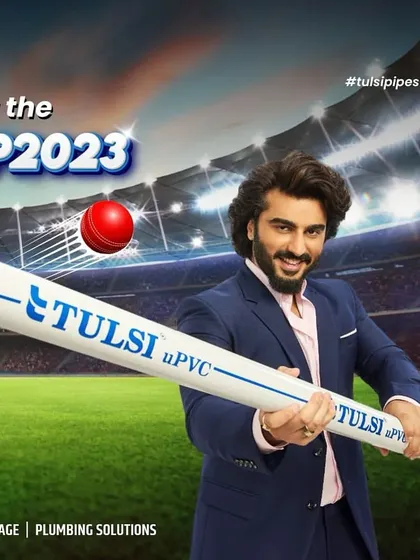 A campaign for Tulsi Pipes featuring Arjun Kapoor. We created a polished look with a navy blazer and pink shirt, positioning him as a credible and stylish brand ambassador for the World Cup-themed ad.