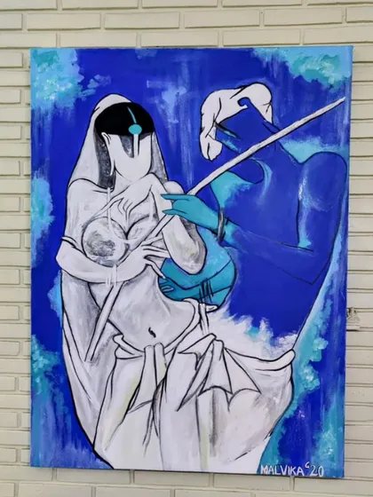 This painting explores the divine love between Radha and Krishna in a modern, abstract form. The use of white and blue creates a stark, emotional contrast, representing their spiritual union.