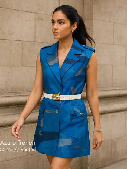 The Azure Trench from the Rooted collection, worn as a dress. The vibrant blue and sleeveless design make it a powerful statement piece for any occasion.