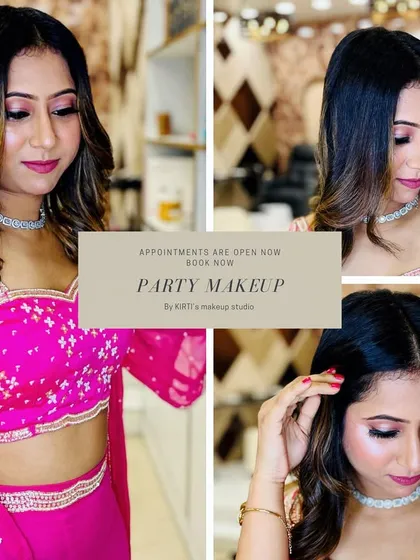 A collage featuring a client in a bright pink party outfit. Her makeup is fresh and glowing, and her hair is styled in soft waves, creating a fun and youthful look.