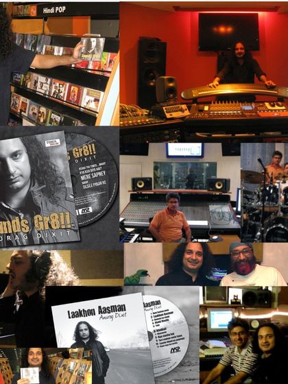 My career has given me the opportunity to work with acclaimed producers and musicians like Ashish Manchanda and Ranjit Barot. This collage shows moments from the studio, holding my album CDs, and collaborating with other artists. This is the professional environment my students learn about.