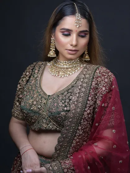 A student's work on a bridal shoot, showing a soft glam look that is perfect for outdoor photography.