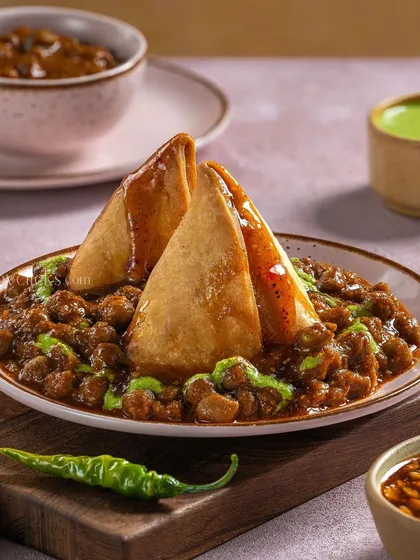 Chole Samosa chaat from Gulab Sweets, a hearty snack with crispy samosas smothered in chickpea curry.