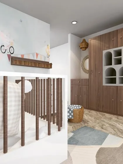 A 3D rendering of a nursery concept with a calming color palette. The grey built-in niches in the wooden wardrobe add a unique, asymmetrical detail to the design.