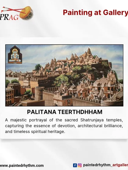 A majestic painting of the Palitana Teerthdham, capturing the architectural brilliance and spiritual significance of the sacred Shatrunjaya temples.