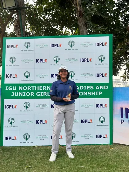 Aahana Kashyap with her trophy for finishing as a runner-up at the IGU Northern India Championship.