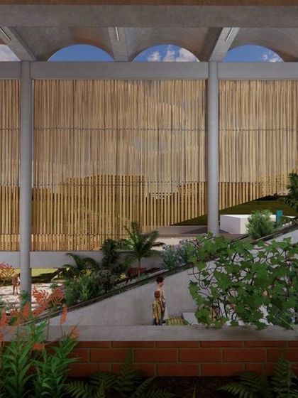 A detailed view of the bamboo screens and vaulted roof, elements that contribute to the building's sustainable design.