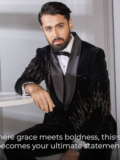A close-up of the black velvet tuxedo, captioned "Where grace meets boldness, this suit becomes your ultimate statement." It's for the modern gentleman who demands the best.
