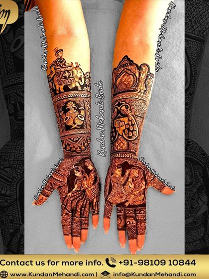 This full bridal design tells a story with figures of the bride and groom, a kalash for good luck, and a procession with elephants, all rendered with extreme detail.