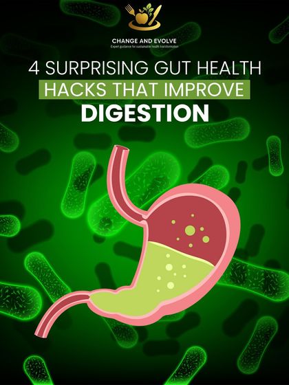 I teach surprising gut health hacks that improve digestion. This graphic introduces four simple tricks you can try at home.