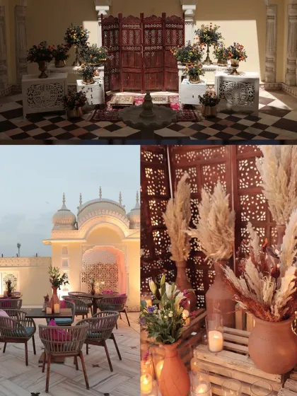 For this Mehendi ceremony in Jaipur, we created a romantic and dreamy atmosphere with rose petals, candlelight, and blush floral installations. The rooftop setting offered stunning views of the palace architecture.