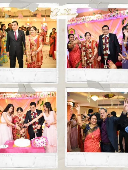 Celebrating a milestone anniversary with joy and laughter. This collage shows the happy couple, the cake-cutting ceremony, and guests dancing, all part of a memorable celebration.