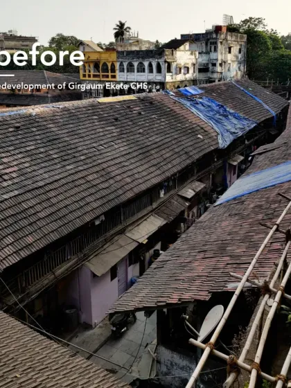 Before: An aerial perspective of the old structures at Girgaum Ekata CHS, showing the limited open space and dense layout prior to redevelopment.