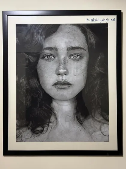 Another shot of the framed portrait, showing how it looks in a home setting. It’s a large piece, measuring 72x56 cm, designed to be a centerpiece.