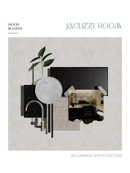 A mood board for a jacuzzi room, combining dark wood, marble, and sleek metallic fixtures. The inclusion of a plant suggests our signature touch of bringing nature into even the most luxurious spaces.